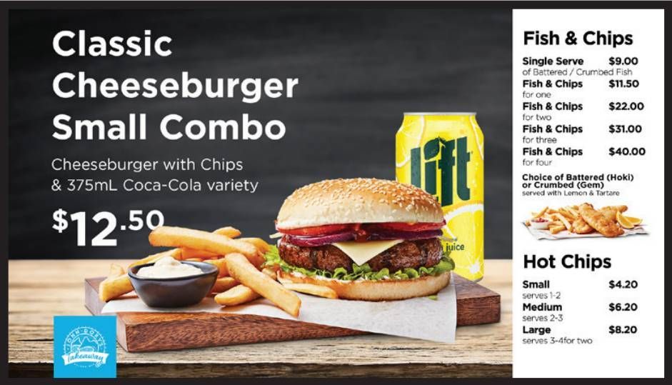 Burger combo ad with fries, drink, and hot chips menu board on a dark background