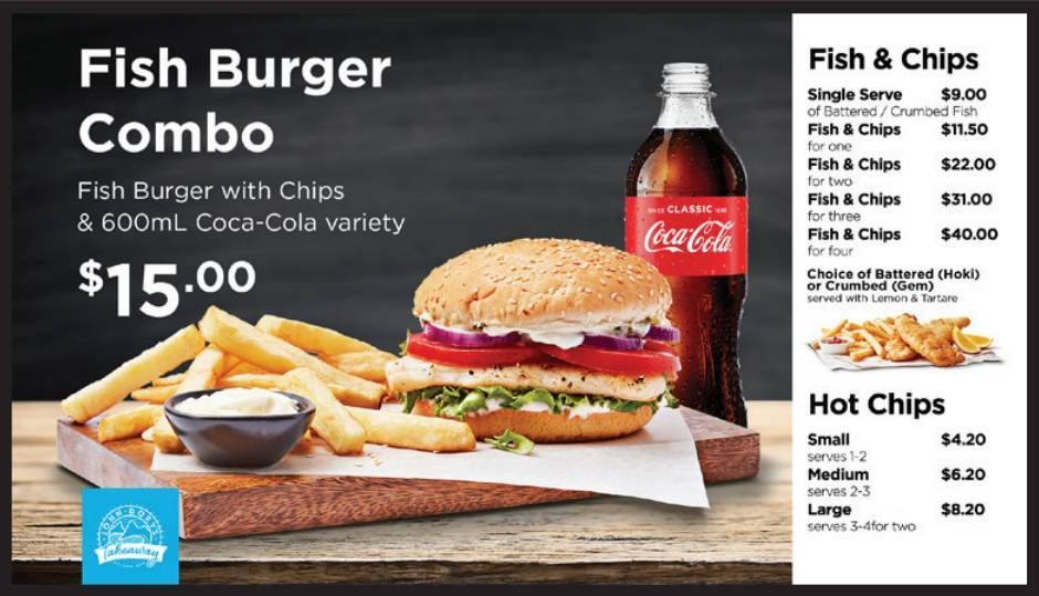 Fish burger combo ad with chips, drink, and hot chips on a dark background, priced at $15.00