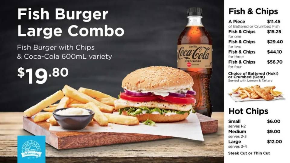 Fish burger and chips combo ad with cola bottle, large meal photo, and prices on dark background