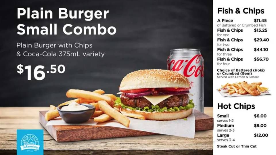 Burger ad with fries and Coca-Cola, plain burger small combo for $16.50, plus fish & chips and hot chips menu.