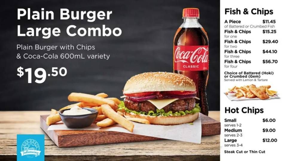 Burger meal ad with chips and Coke, showing a plain burger large combo for $19.50