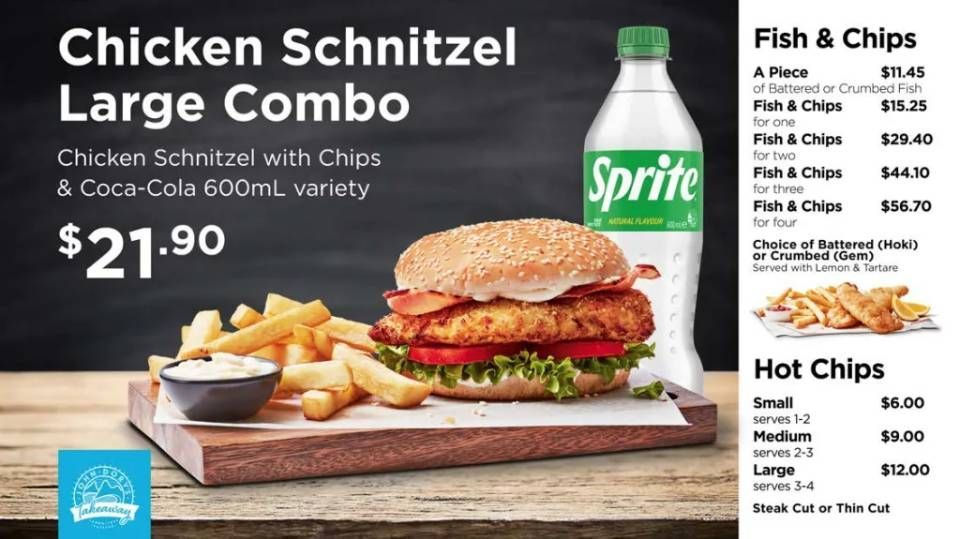 Chicken schnitzel large combo meal ad with chips, Coke and Sprite prices on black background