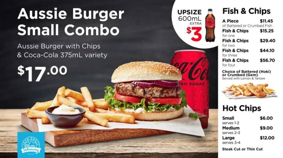 Aussie Burger Small Combo ad with burger, chips, and Coke; $17.00 promo with chips and drink sizes listed