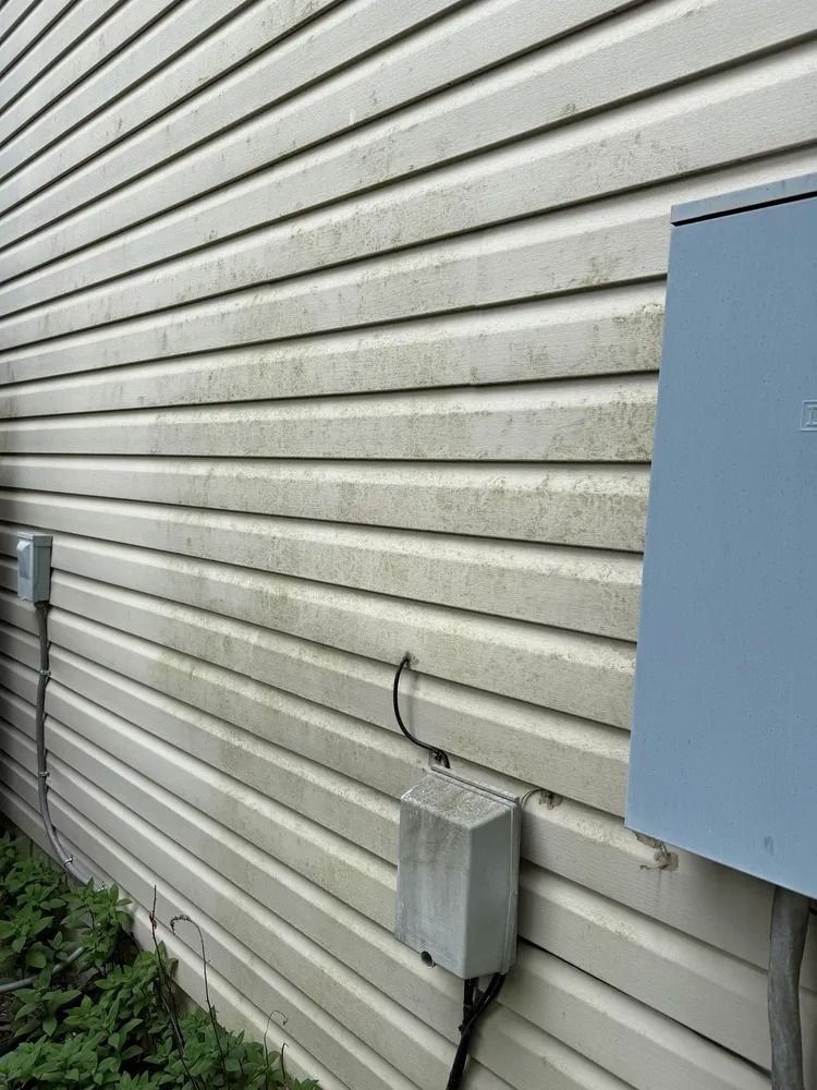 Beige vinyl siding on a building exterior with two electrical boxes attached to the wall and some plants in the foreground.
