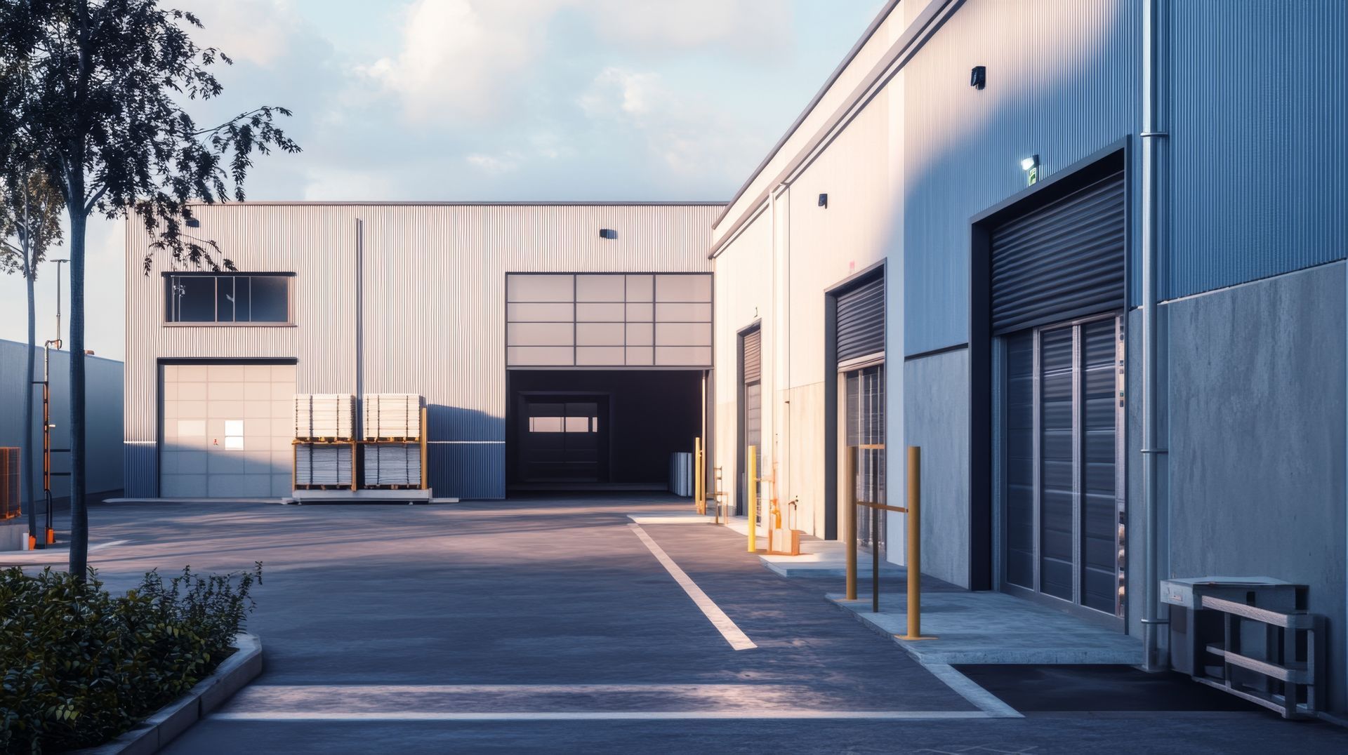 Large empty warehouse with a white floor, metal beams, and skylights.