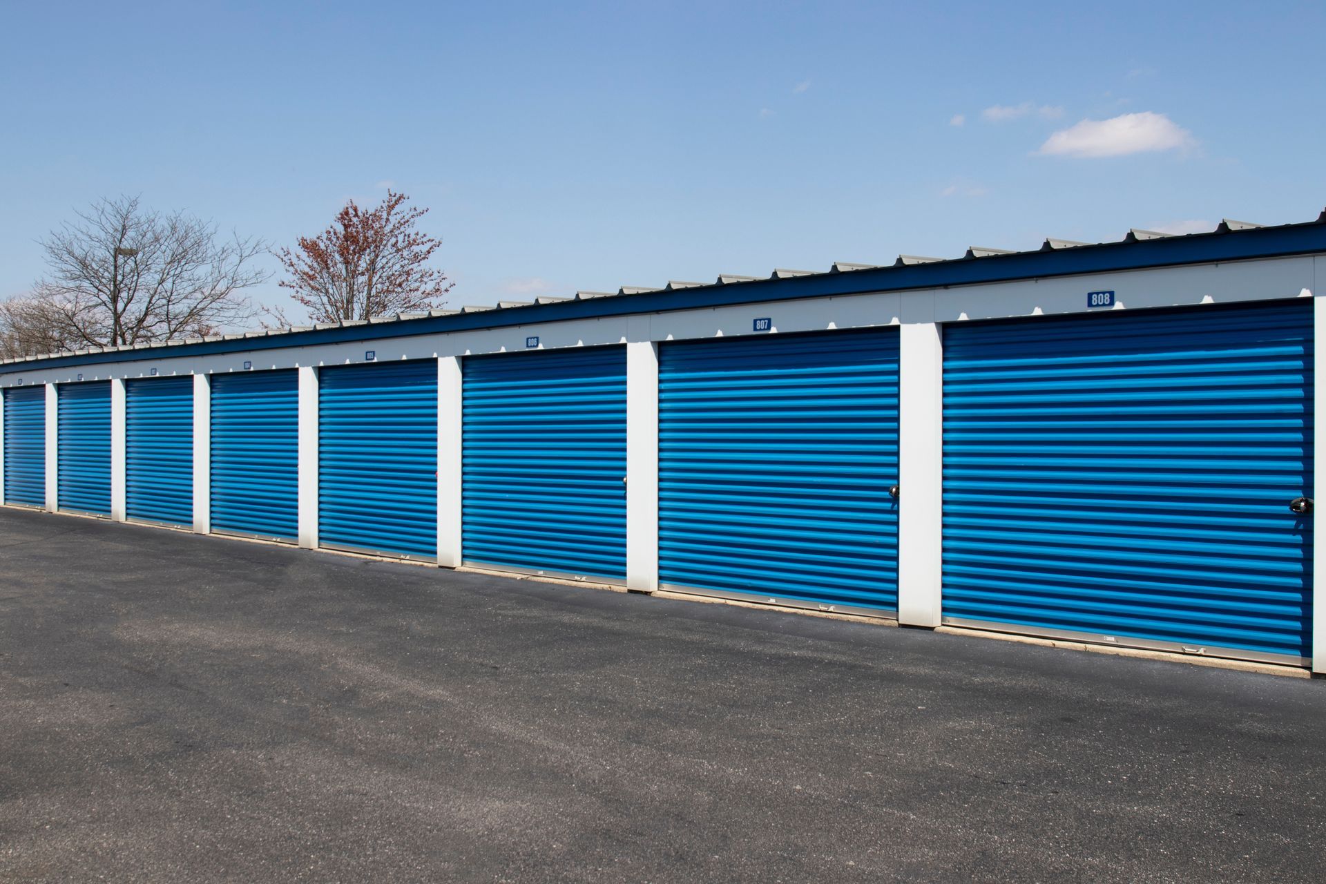 Row of blue storage unit doors with white trim under a clear sky.