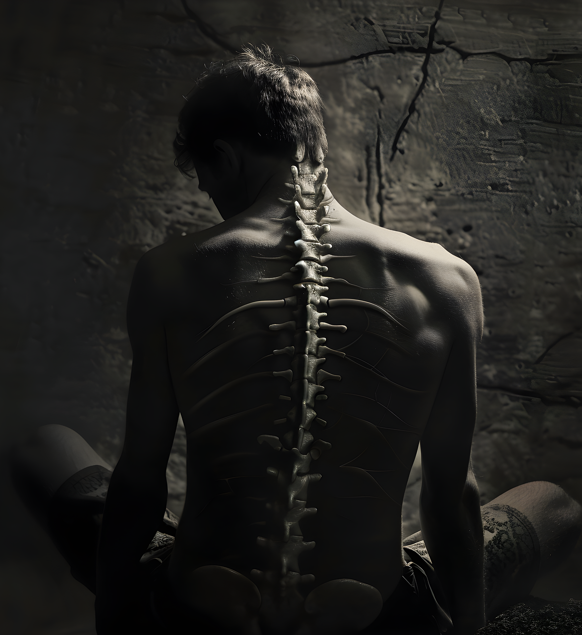 Silhouette of person, back to the viewer, spine highlighted against a dark background, in a seated position.