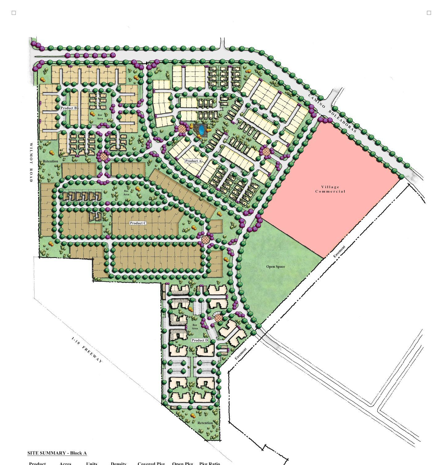 a drawing of a residential area with lots of buildings and trees