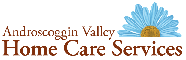 Logo: Androscoggin Valley Home Care Services. Text in brown with a light blue daisy graphic.