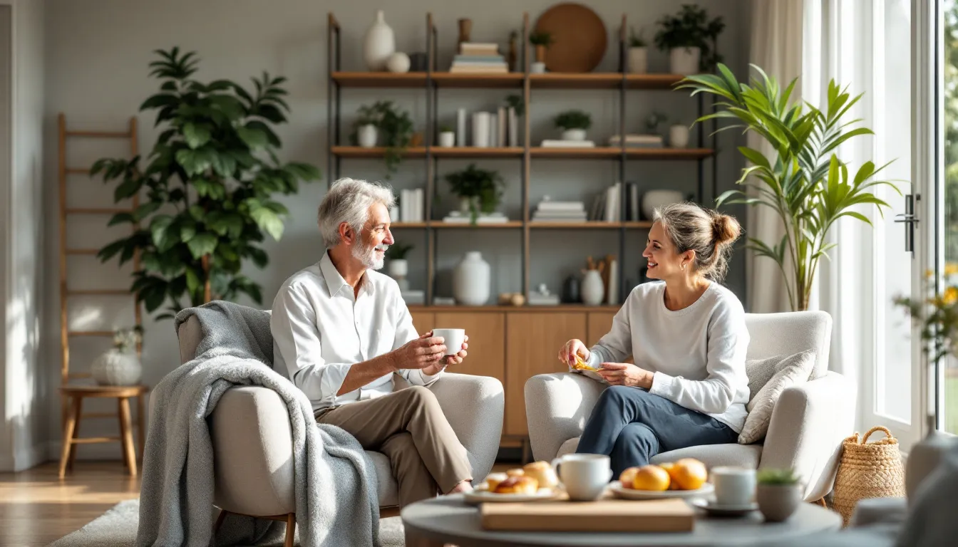 An elderly couple is sitting on a couch in a living room drinking coffee.
