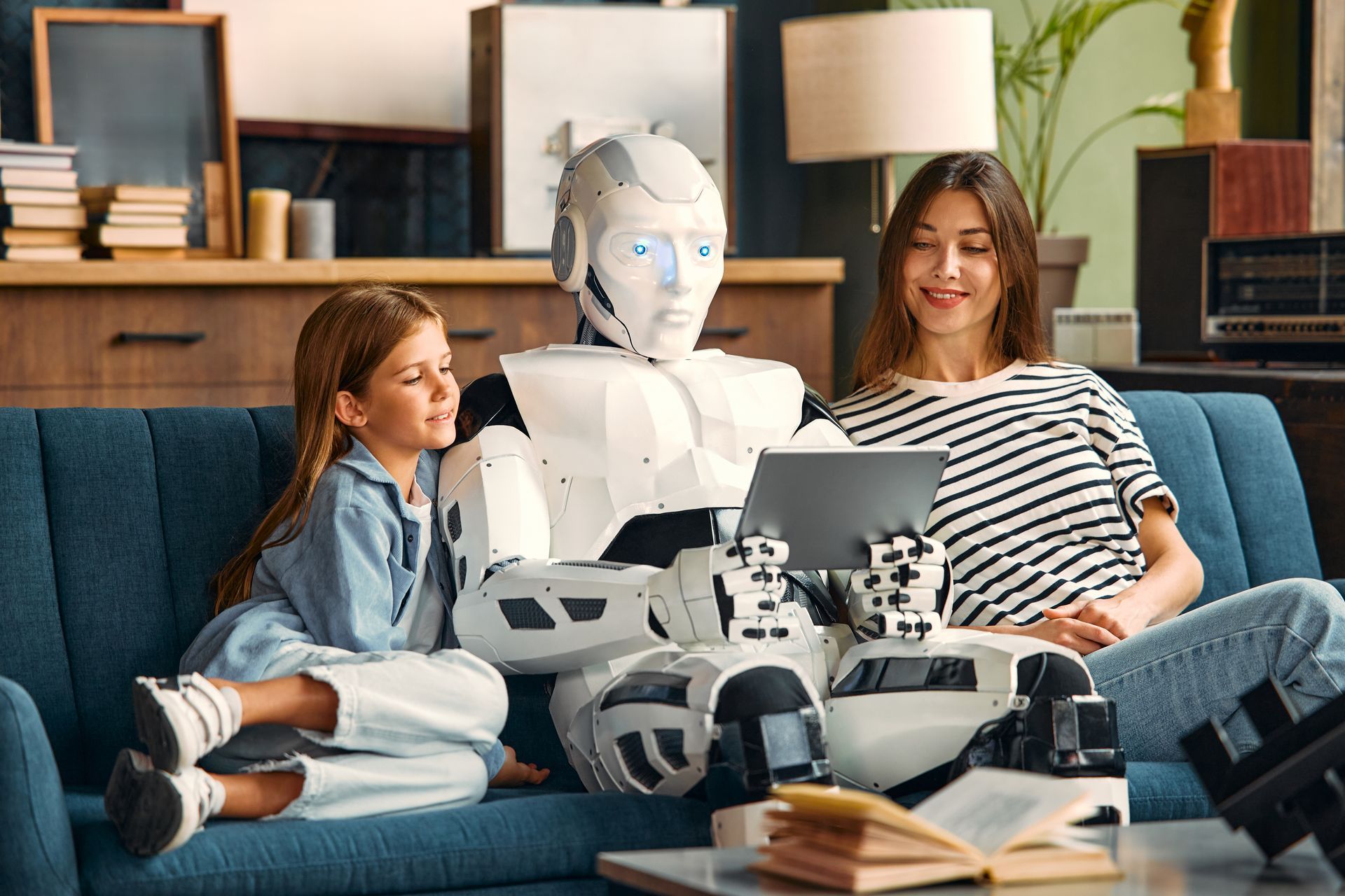 Een vrouw en een kind zitten op een bank met een robot.