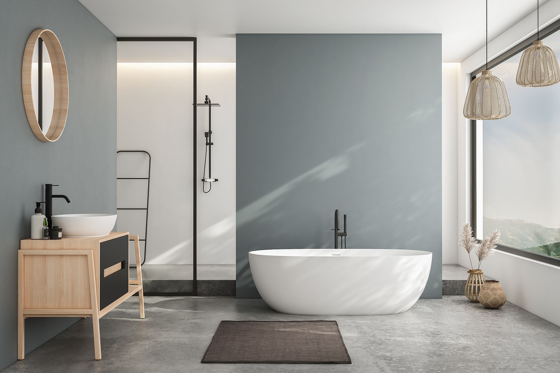 Modern bathroom with a freestanding white bathtub.