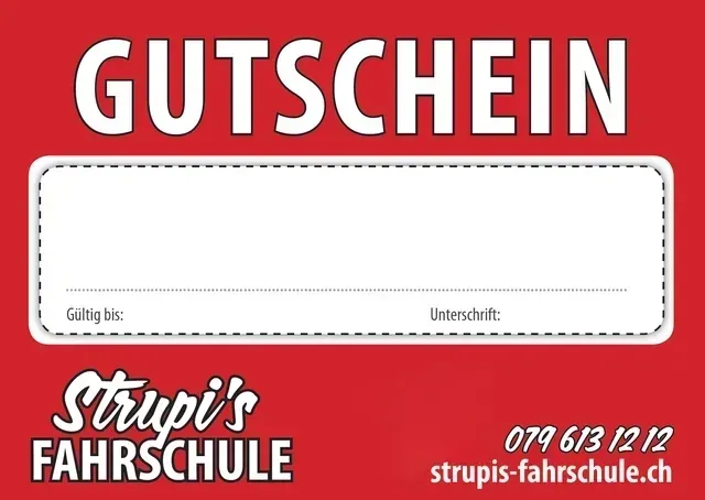 Geschenkgutschein der Strupis Fahrschule mit leeren Namens- und Unterschriftsfeldern