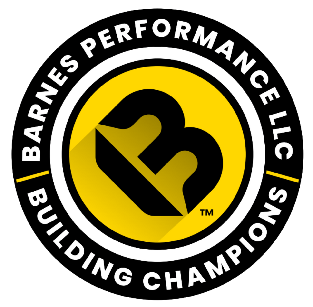 Circular logo for Barnes Performance LLC featuring a yellow center with a black letter 
