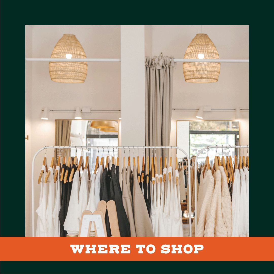 A display of clothes in a store with the words where to shop on the bottom