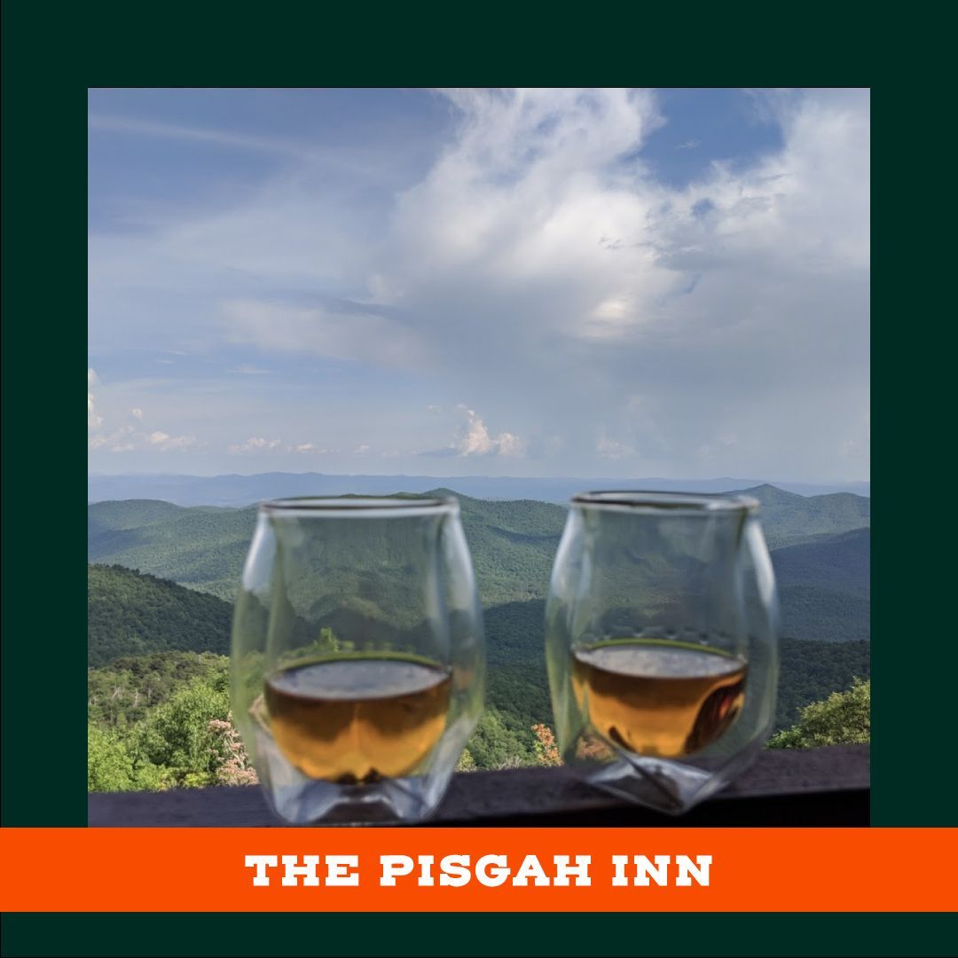 Two wine glasses with a view of the mountains at the pisgah inn