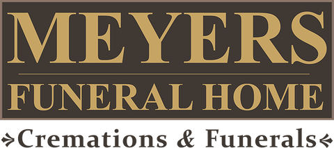 Logo for Meyers Funeral Home, brown and gold lettering, with