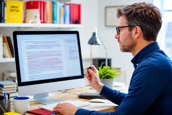 Een persoon werkt aan een bureau achter een desktopcomputer in een lichte kantoorruimte en leest tekst op het scherm.