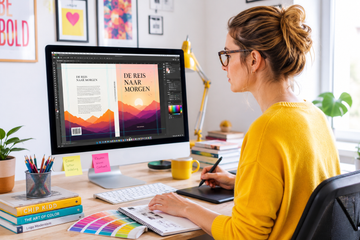 Iemand die een poster ontwerpt op een desktopcomputer in een lichte thuiswerkplek.