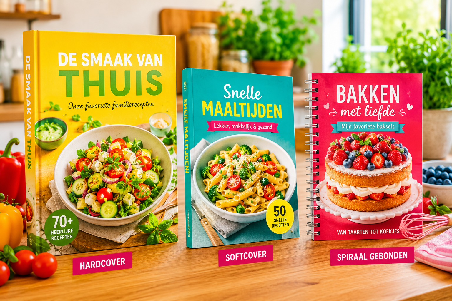 Drie kleurrijke Nederlandse kookboeken staan uitgestald op een houten tafel in een lichte keuken.