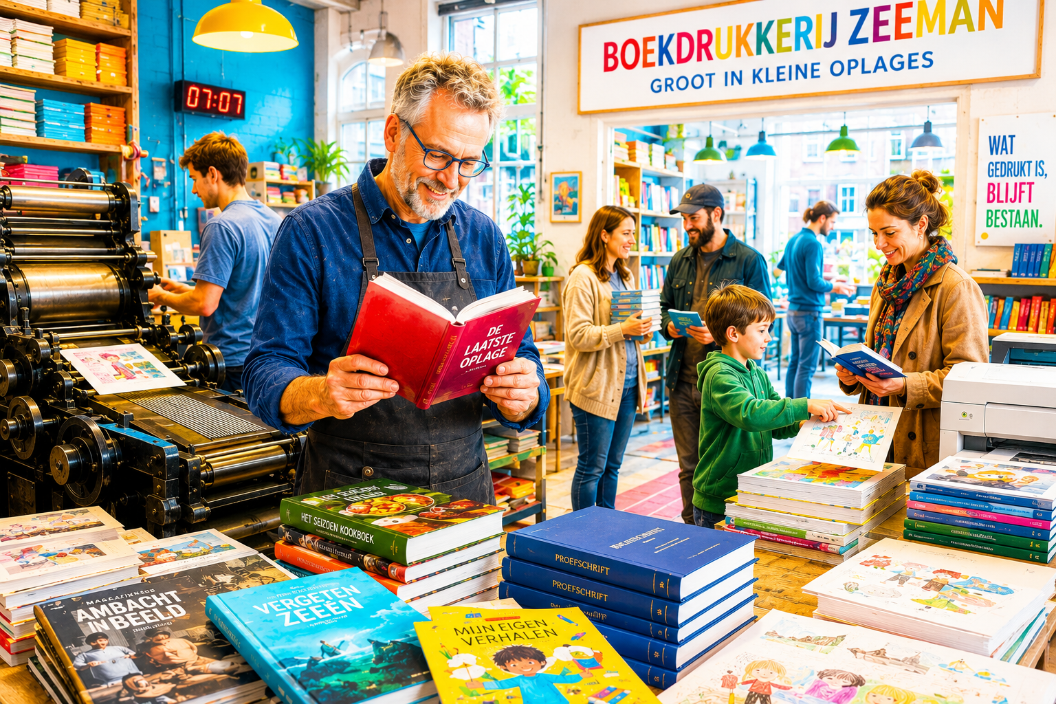 Een man bladert door een rood boek in een kleurrijke boekwinkel met stapels boeken en klanten die eromheen rondkijken.