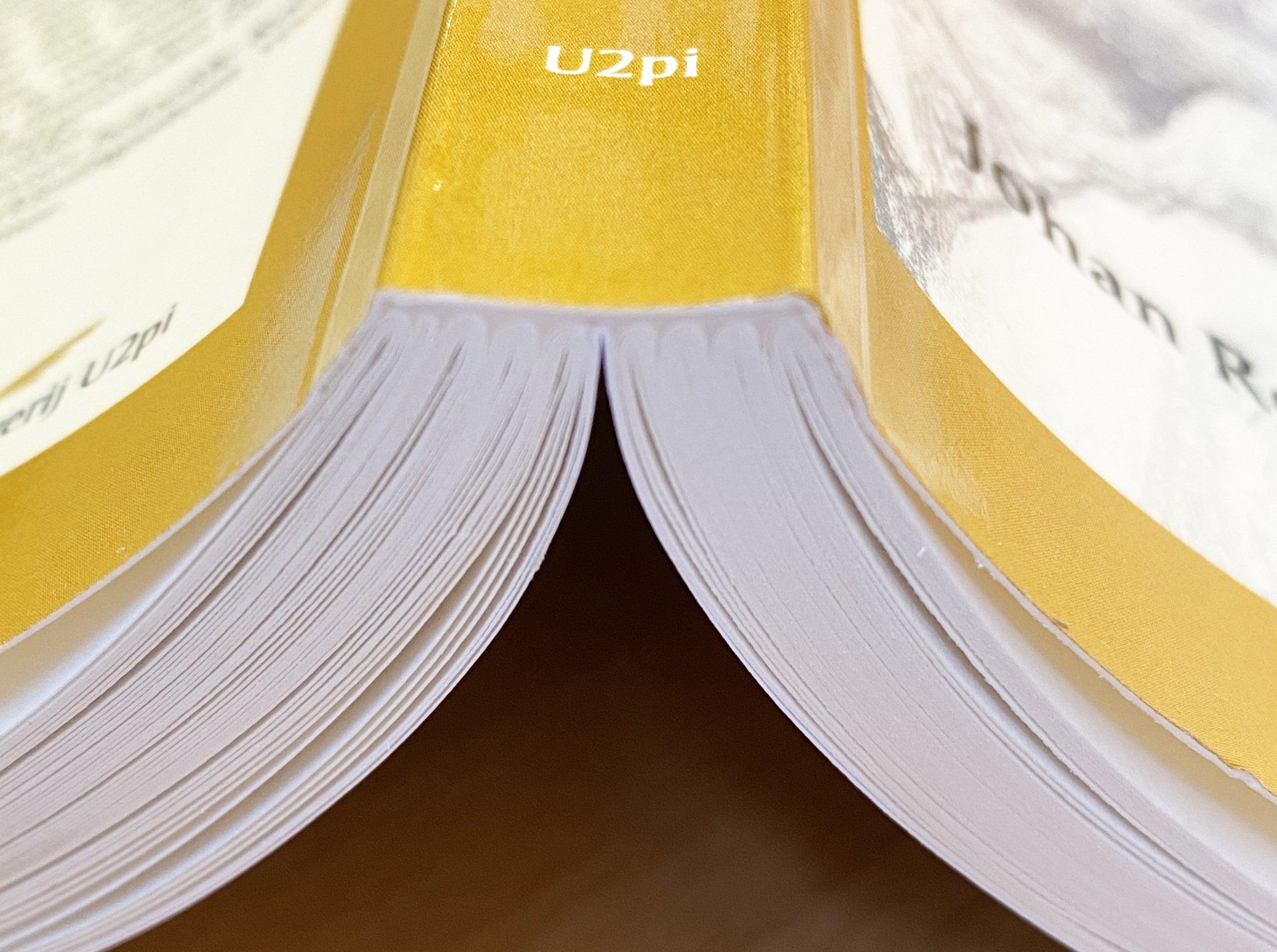 Een open gouden boek met witte pagina's, uitgespreid op een tafel.