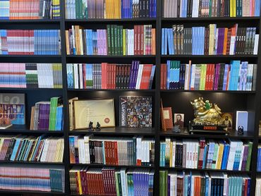 Boekenkasten vol kleurrijke boeken en manga, met een paar decoratieve voorwerpen ernaast.