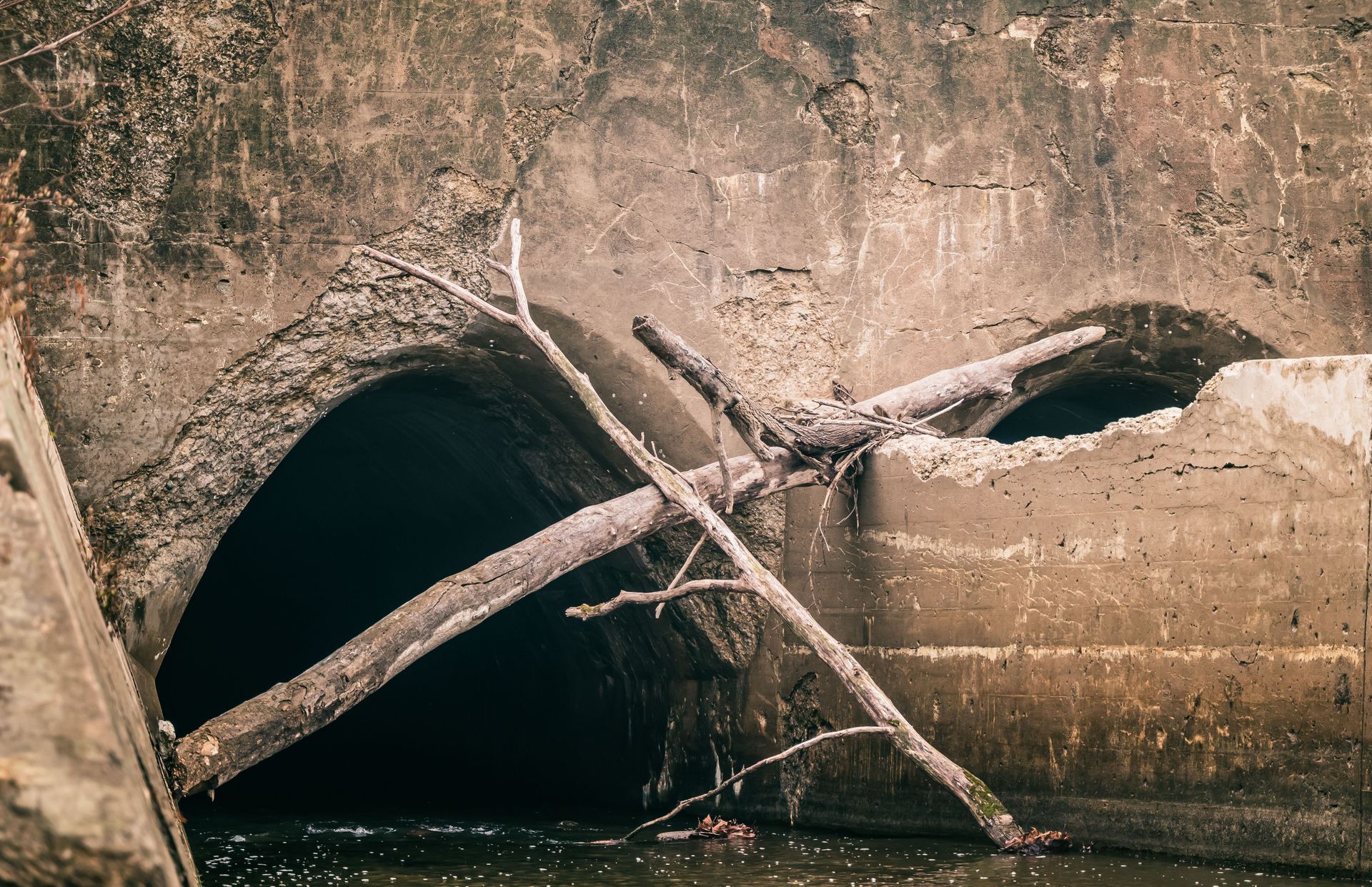Sewer entrance with fallen branches and water flowing in