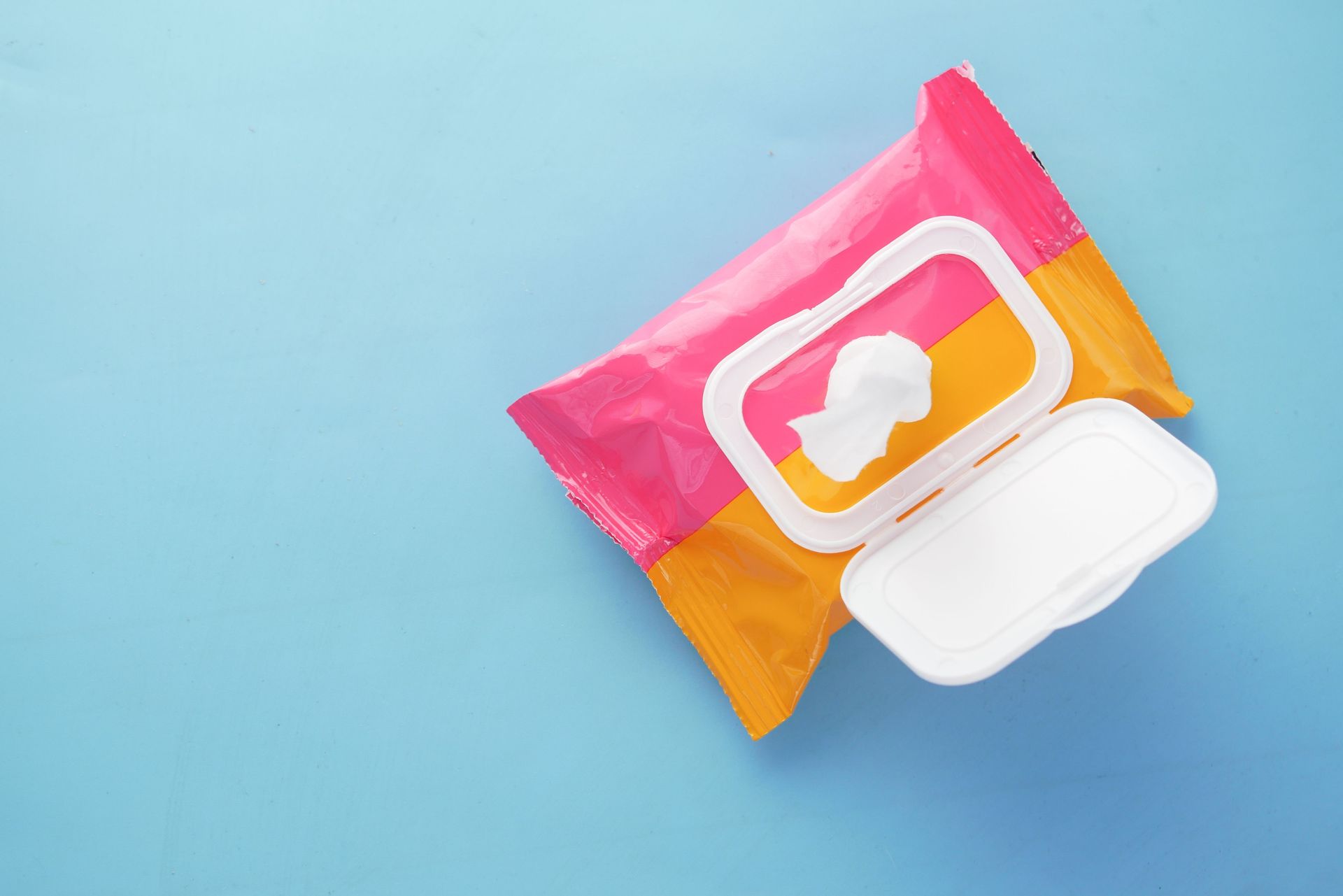 Package of wet wipes on a bathroom counter