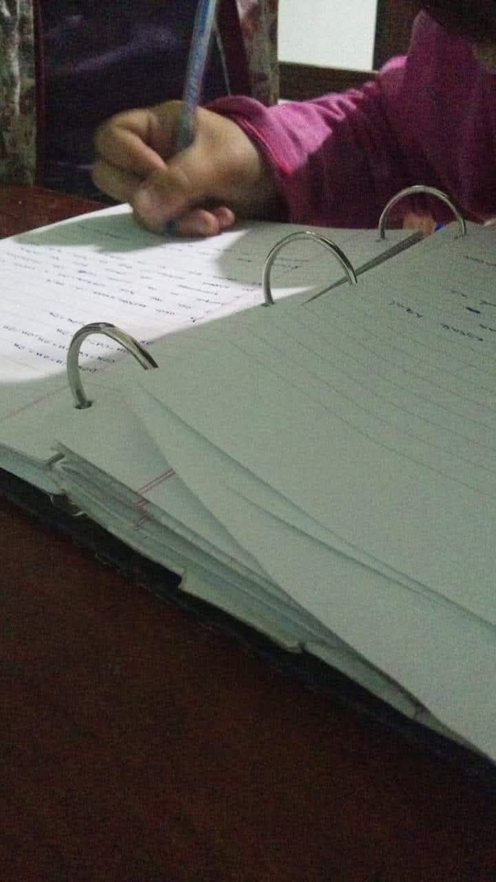 Escritura a mano con bolígrafo en un cuaderno. Fundas rosas visibles, carpeta abierta sobre una superficie de madera.