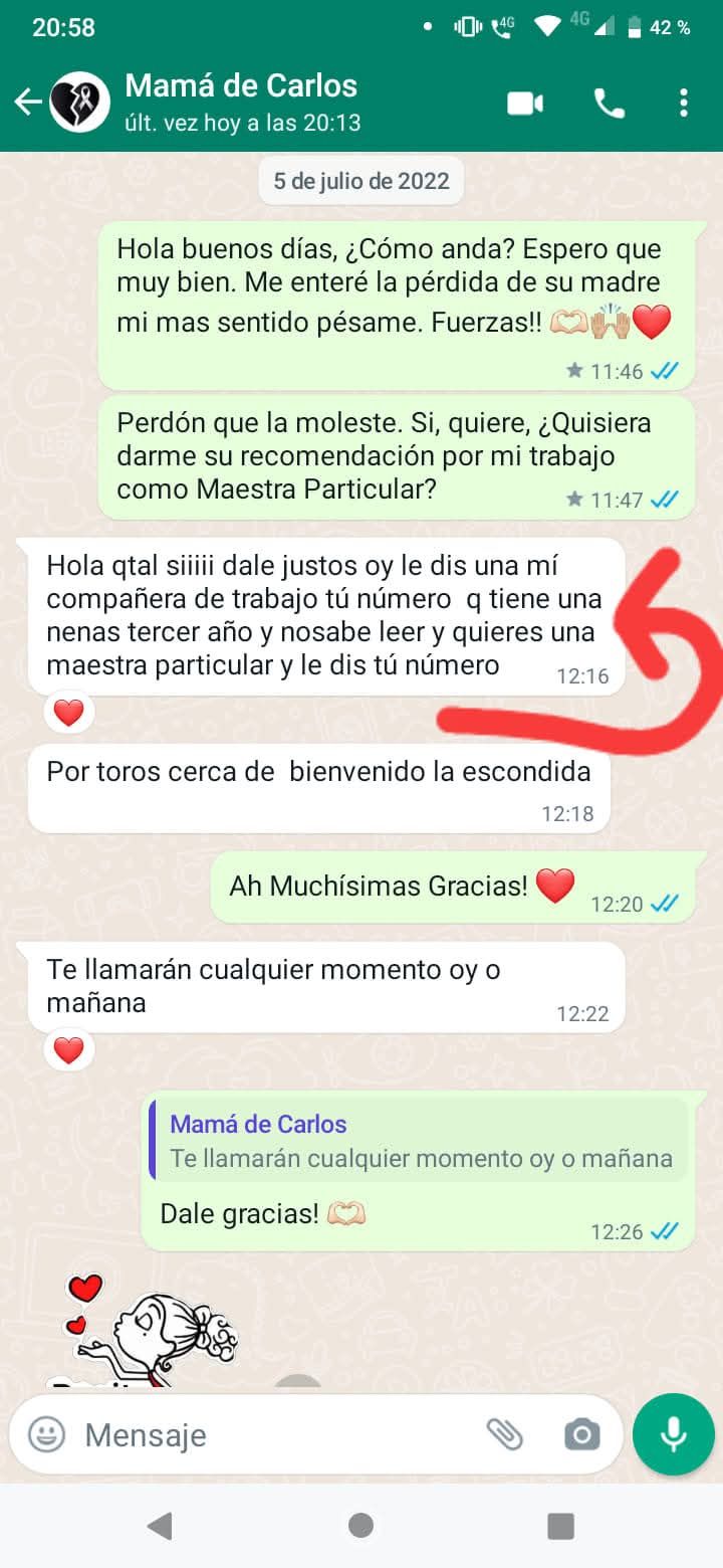 Captura de pantalla de una conversación de WhatsApp. El remitente muestra sus condolencias por una pérdida.