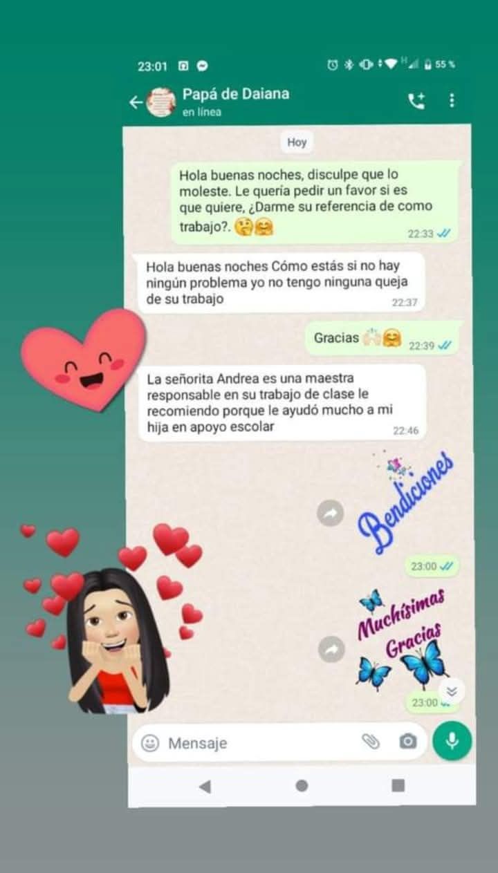 Chat de WhatsApp con mensajes, stickers animados de corazón y mujer y gráfico de
