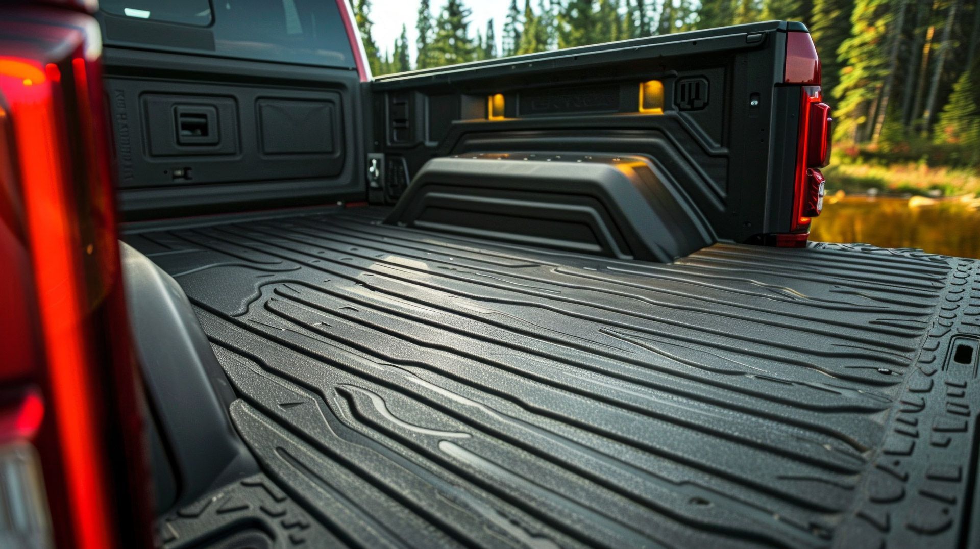 A durable rubber bed liner, custom-molded to fit the contours of the truck bed.