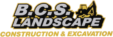 Logo for B.C.S. Landscape with silver and gold text and a graphic of construction equipment.