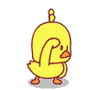 a yellow duck is standing on its hind legs on a white background .
