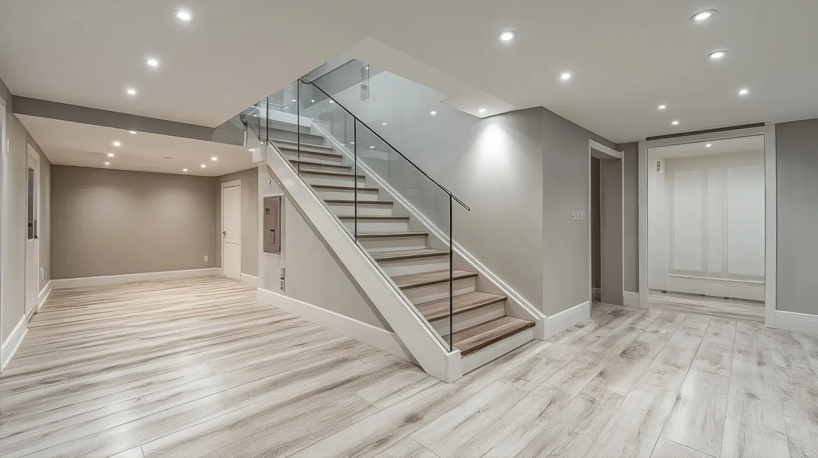 A man wearing a hard hat and goggles is standing in a room.