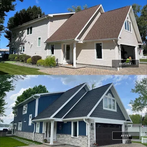 Before-and-after of a house exterior: white siding changed to dark blue with black trim and roof.