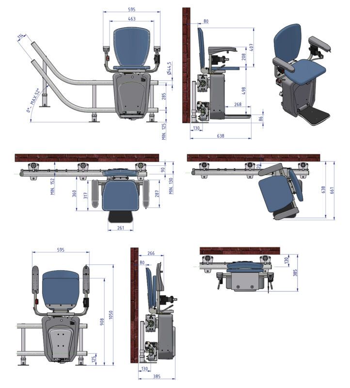 Diagrams of office layouts showing chair and desk arrangements with dimensions in inches.