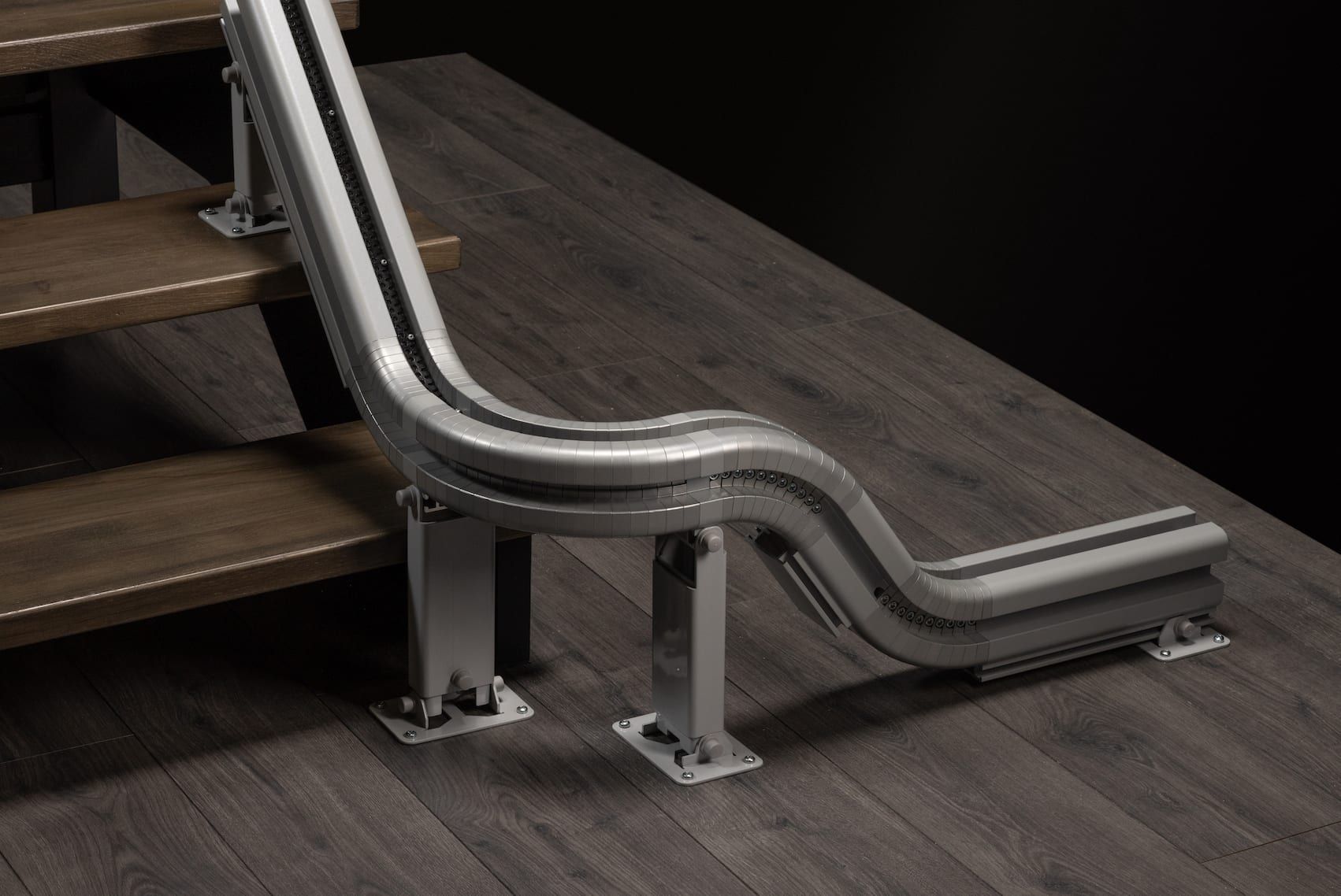 Metal accessibility ramp attached to wooden stairs in a dim interior.