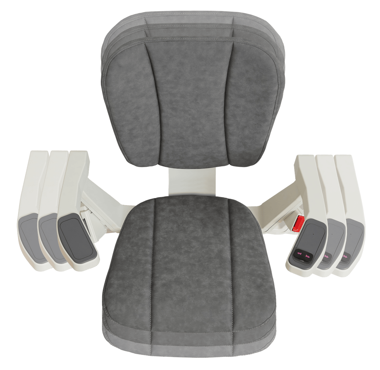 Gray and white adjustable seat with armrests and headrest.