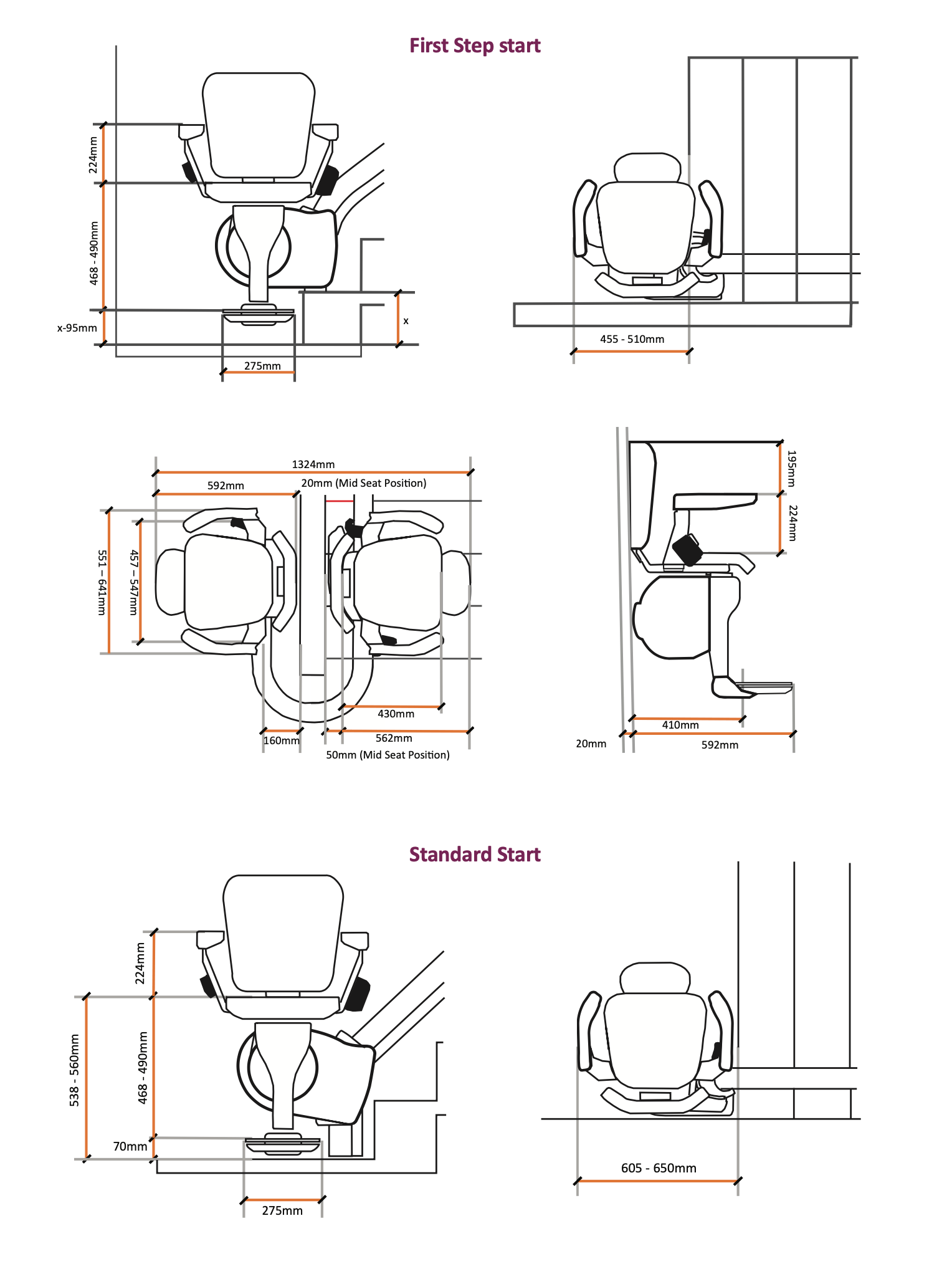 Diagrams of office layouts showing chair and desk arrangements with dimensions in inches.