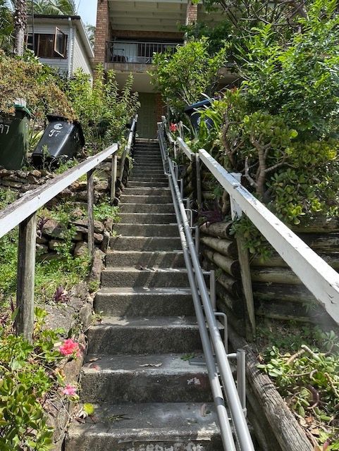 Steep outdoor concrete staircase with white railings, surrounded by dense greenery and houses