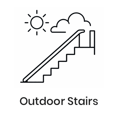 Black line icon of outdoor stairs with handrail under sun and cloud, labeled “Outdoor Stairs”