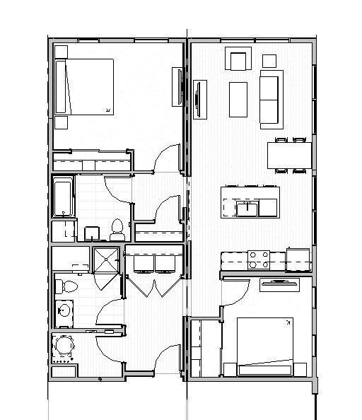 Floor plan of a two-bedroom apartment, showing rooms, furniture, and doorways in a simple line drawing.