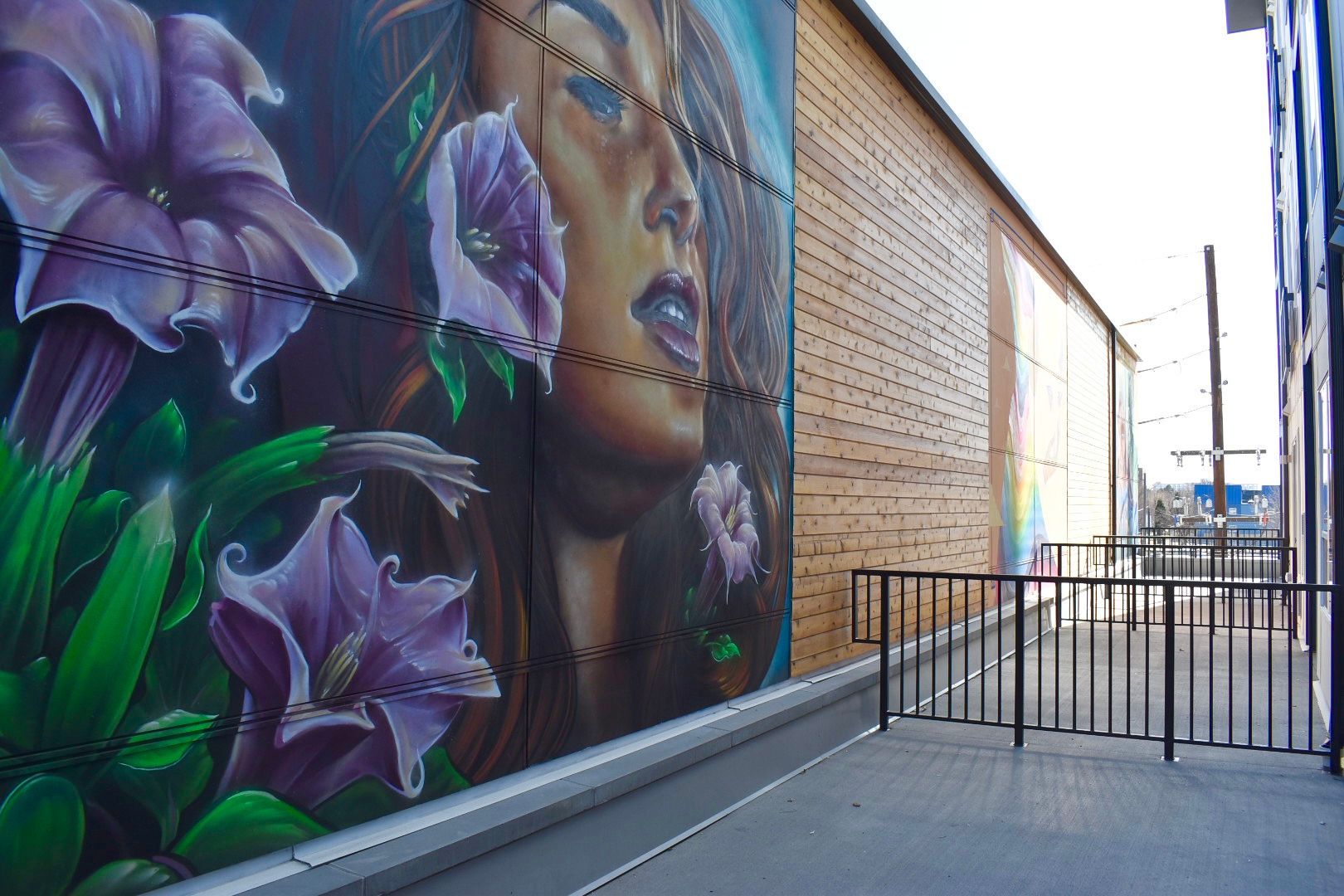 Mural of a woman's face and purple flowers on a building wall next to an alley with a metal fence.