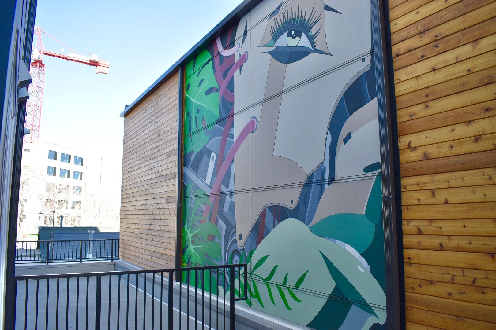 Mural on building side with abstract face and greenery; exterior with wood siding and railing.