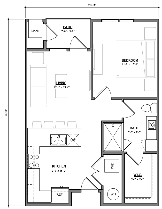 Floor plan of an apartment with kitchen, living area, bedroom, bathroom, and closet. Dimensions labeled.