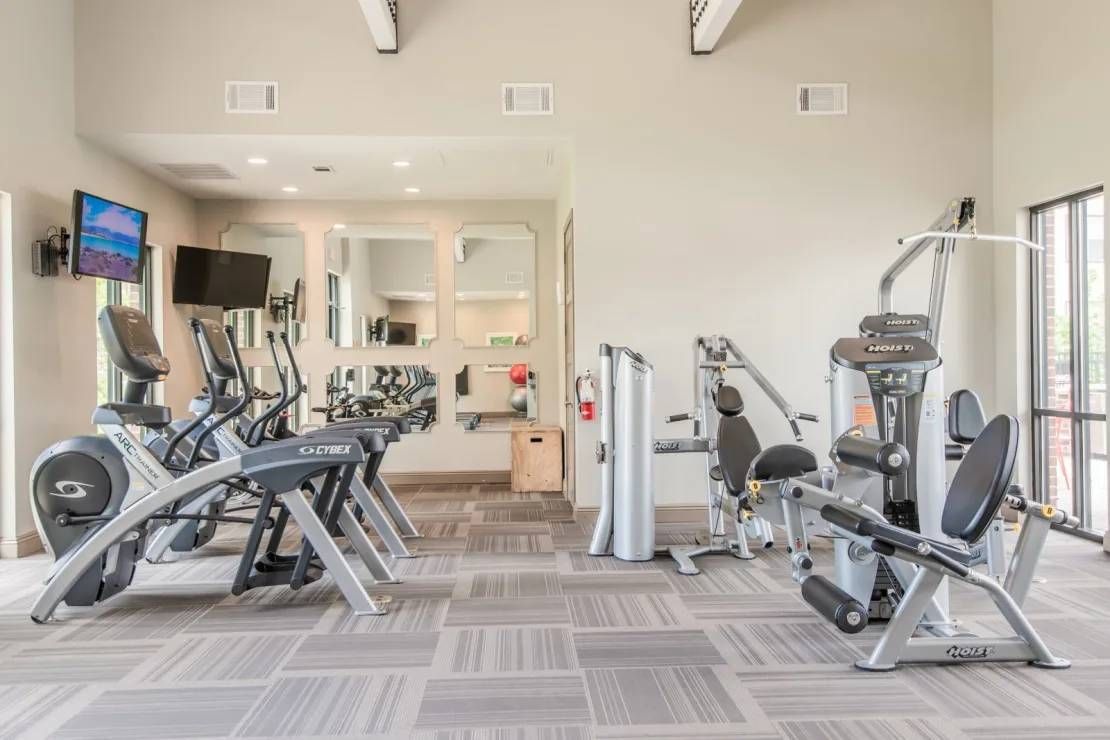 Modern gym with exercise machines, mirrors, and light wood flooring in a bright room