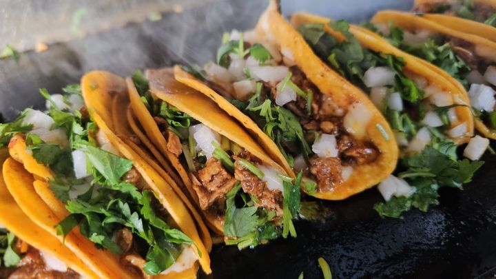 Row of crispy tacos topped with chopped onions and cilantro on a dark plate