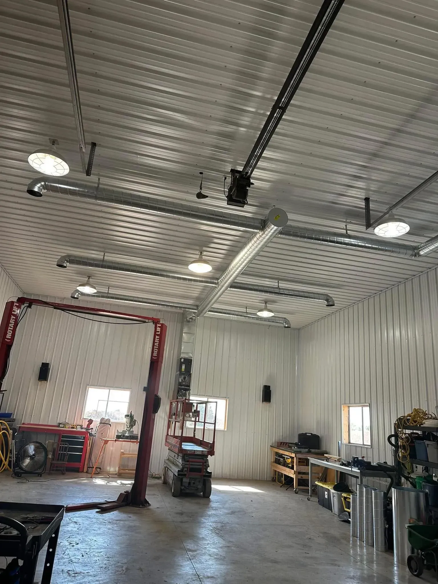 A garage with spiral ductwork.